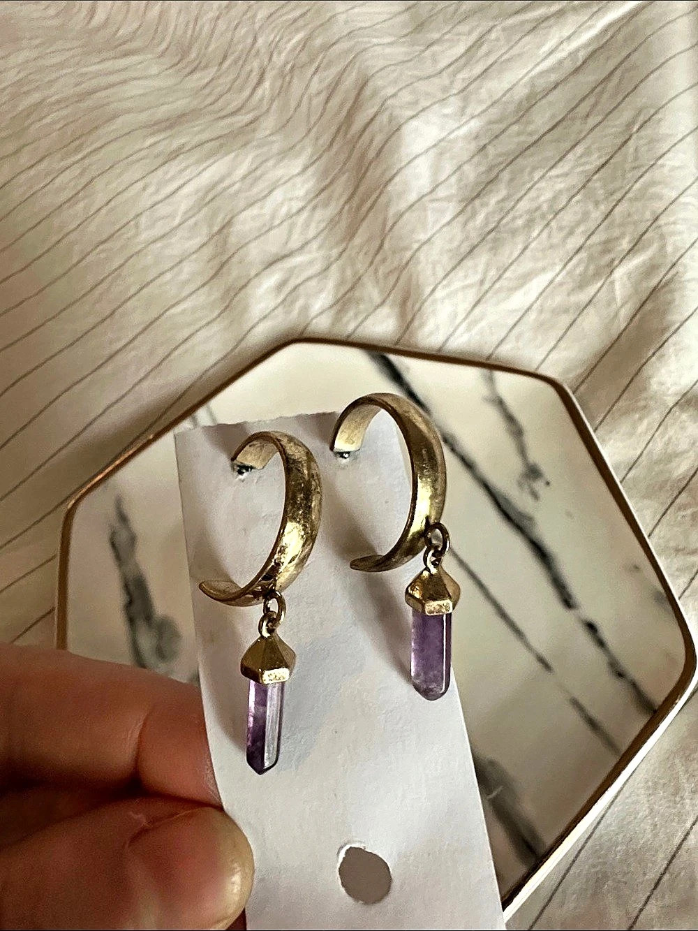 Gold-Tone Hoop Earrings with Purple Amethyst Drops
